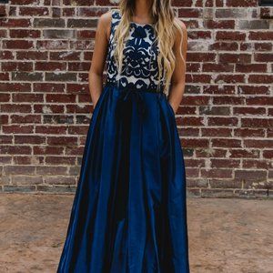 ON HOLD Navy White Evening Gown WITH POCKETS!